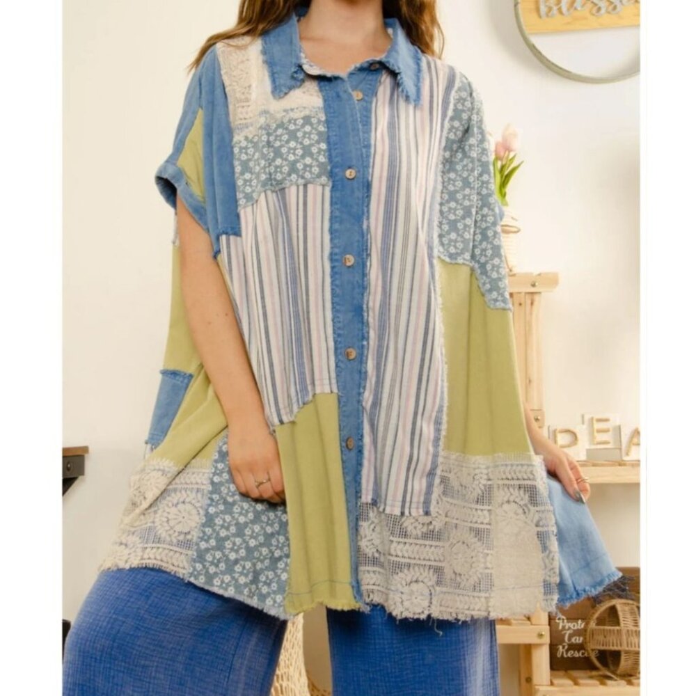 Bluevelvet Patchwork Poncho Top size M/ L Artsy Hippie Lagenlook Boho Peasant
